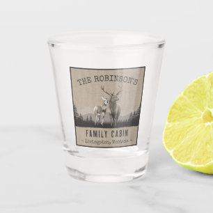 Family Name Cabin Deer Pine Tree Forest Burlap Shot Glass