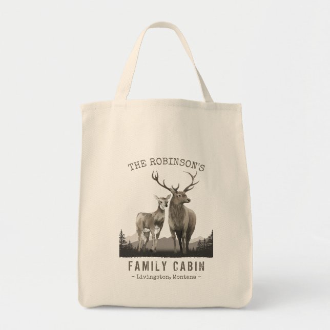Family Name Cabin Deer Pine Tree Forest Mountains Tote Bag (Front)