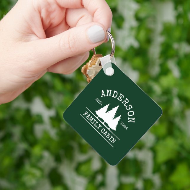 Family Name Cabin Forest Green Square Key Ring (Hand)