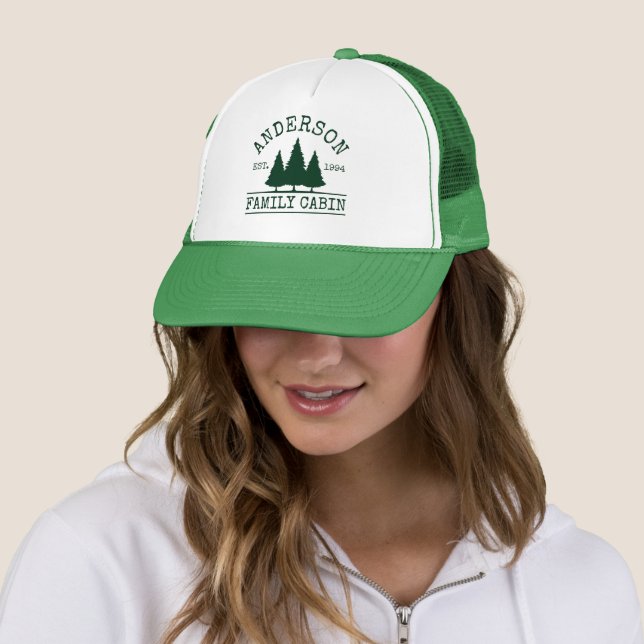 Family Name Cabin Forest Pine Trees Green Trucker Hat (In Situ)