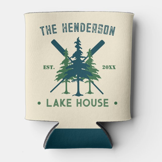 Family Name Cabin Lake House Oars Pine Trees  Can Cooler (Front)