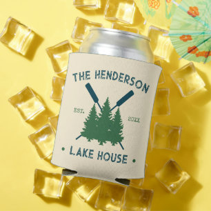 Family Name Cabin Lake House Oars Pine Trees  Can Cooler