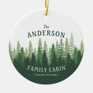Family Name Cabin Location Pine Tree Forest Ceramic Ornament