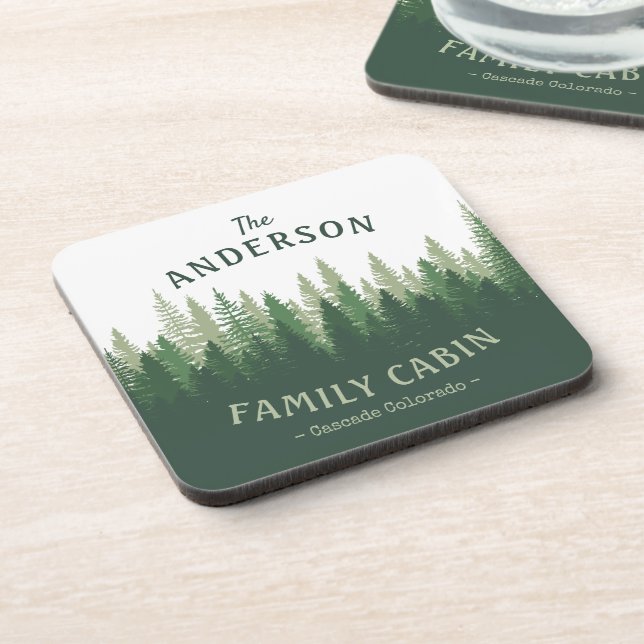 Family Name Cabin Location Pine Tree Forest Cork Coaster (Left Side)