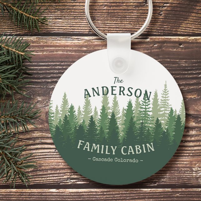 Family Name Cabin Location Pine Tree Forest Round Key Ring (Creator Uploaded)