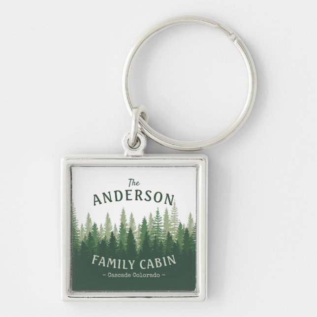Family Name Cabin Location Pine Tree Forest Square Key Ring (Front)