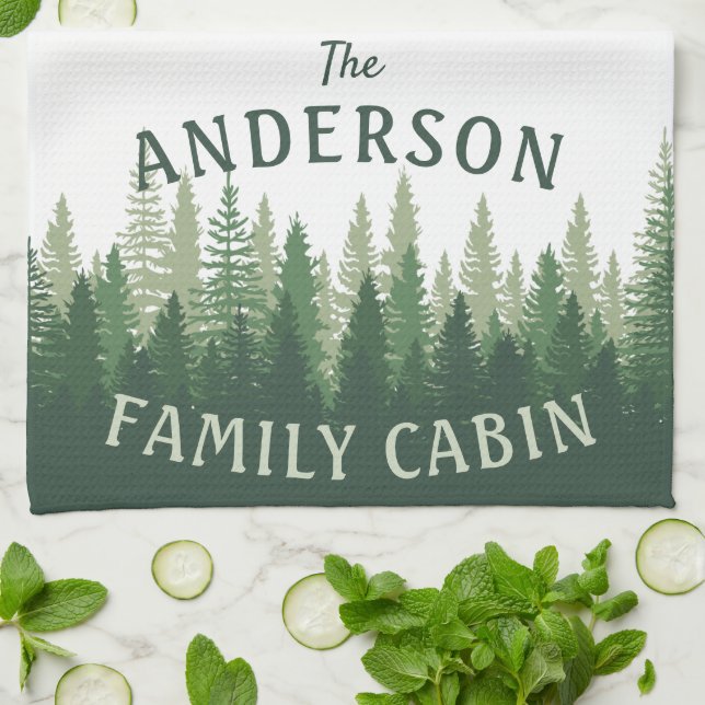 Family Name Cabin Pine Tree Forest Tea Towel (Folded)
