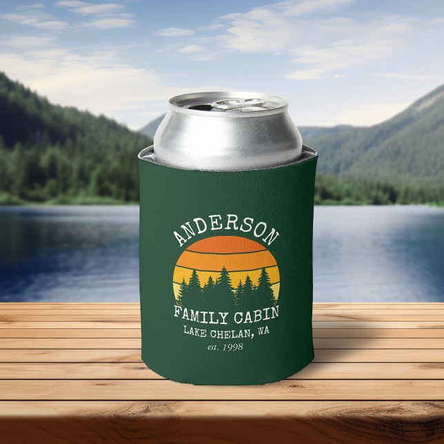 Family Name Cabin Pine Trees Sunset Can Cooler (Customize to change text size or text style.)