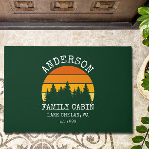 Family Name Cabin Pine Trees Sunset Doormat