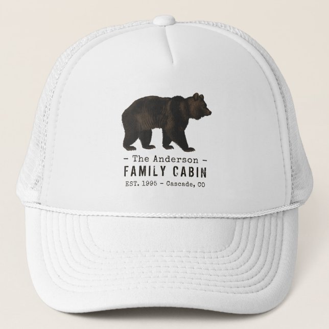 Family Name Cabin Rustic Brown Black Bear Trucker Hat (Front)
