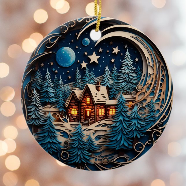 Family Name Cabin Rustic Forest Personalised  Ceramic Ornament (Creator Uploaded)