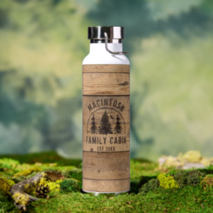 Family Name Cabin Rustic Wood Plank Forest Trees Water Bottle