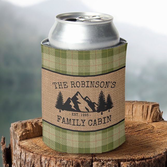 Family Name Cabin Trees Sage Green Plaid Burlap Can Cooler (Customize with your name and cabin, cottage or other desired text and established date)