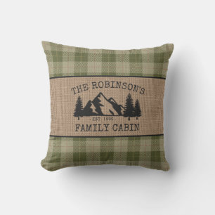 Family Name Cabin Trees Sage Green Plaid Burlap Cushion