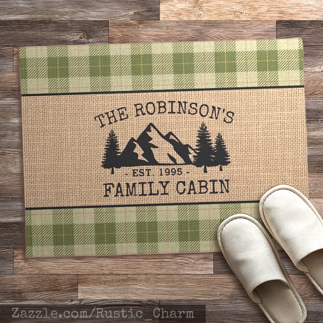 Family Name Cabin Trees Sage Green Plaid Burlap Doormat (Several sizes to choose from.)