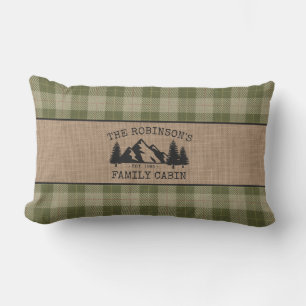 Family Name Cabin Trees Sage Green Plaid Burlap Lumbar Cushion