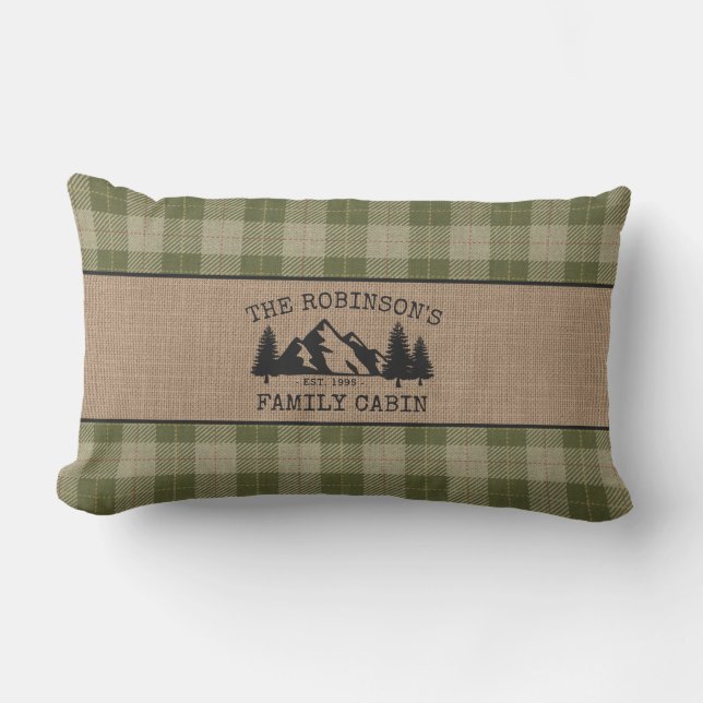 Family Name Cabin Trees Sage Green Plaid Burlap Lumbar Cushion (Front)