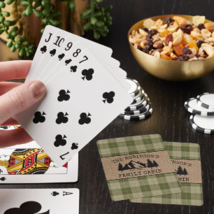 Family Name Cabin Trees Sage Green Plaid Burlap Playing Cards