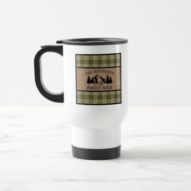 Family Name Cabin Trees Sage Green Plaid Burlap Travel Mug (Left)