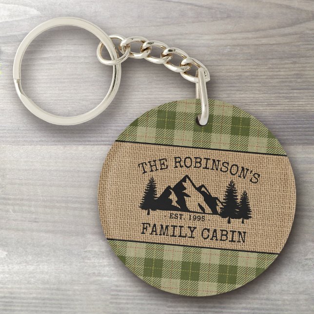 Family Name Cabin Trees Sage Plaid Burlap 2 sided Key Ring (Creator Uploaded)