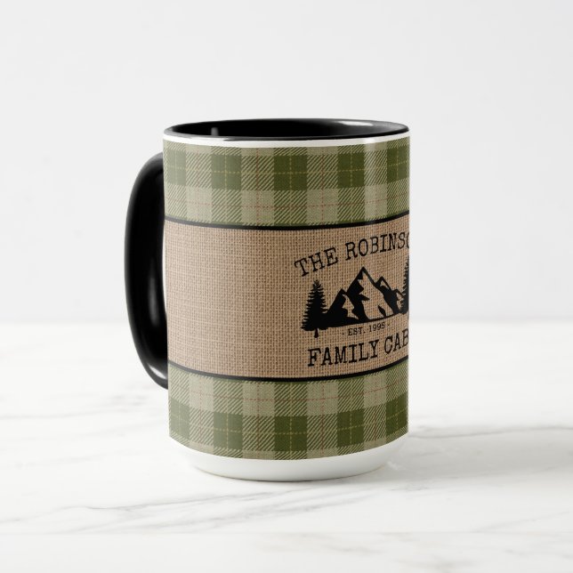 Family Name Cabin Trees Sage Plaid Burlap Big Mug (Front Left)