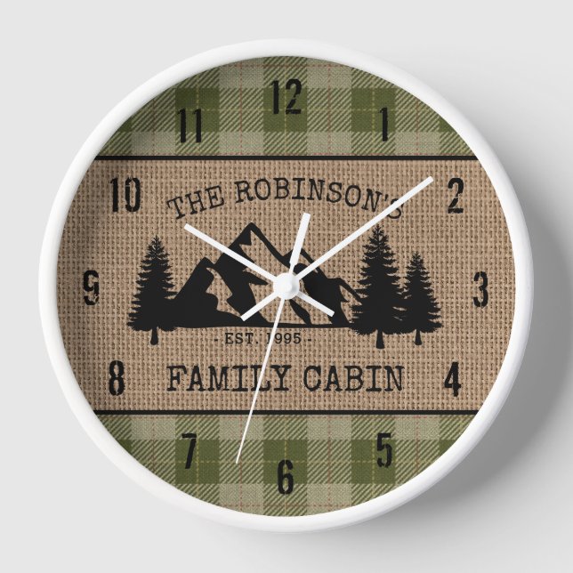 Family Name Cabin Trees Sage Plaid Burlap Clock (Front)