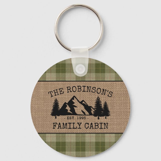Family Name Cabin Trees Sage Plaid Burlap Round Key Ring (Front)