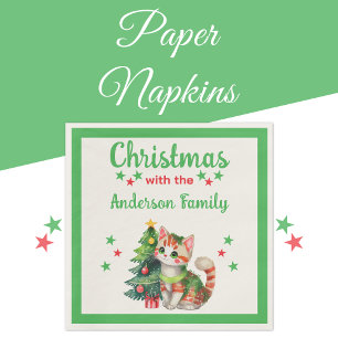 Family name cat tree green red Christmas Napkin