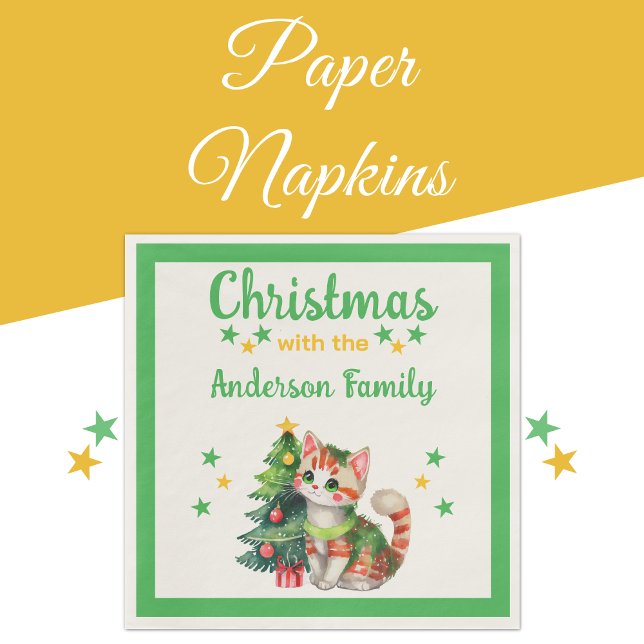 Family name cat tree green yellow Christmas Napkin (Creator Uploaded)
