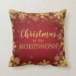 Family Name Christmas Gold Red Winter Snowflakes Cushion