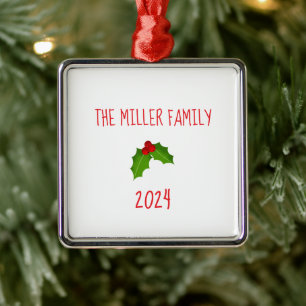 Family NAME Christmas Holly Keepsake YEAR Festive Metal Ornament