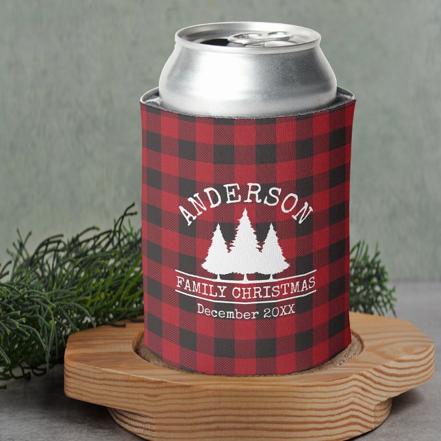 Family Name Christmas Pines Red Plaid Can Cooler (Customize to change text size or text style.)