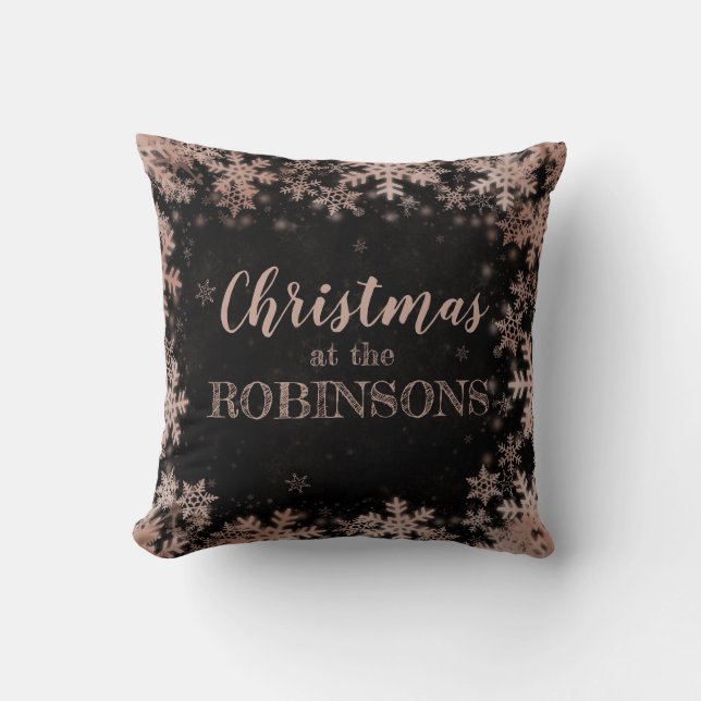 Family Name Christmas Rose Gold Winter Snowflakes Cushion (Front)