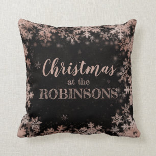 Family Name Christmas Rose Gold Winter Snowflakes Cushion