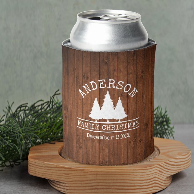 Family Name Christmas Rustic Wood Pines Can Cooler (Customize to change text size or text style.)