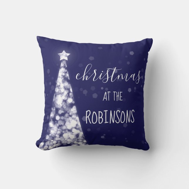 Family Name Christmas Sparkling Trees Navy Blue Cushion (Front)