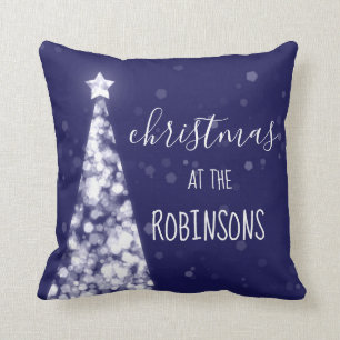 Family Name Christmas Sparkling Trees Navy Blue Cushion