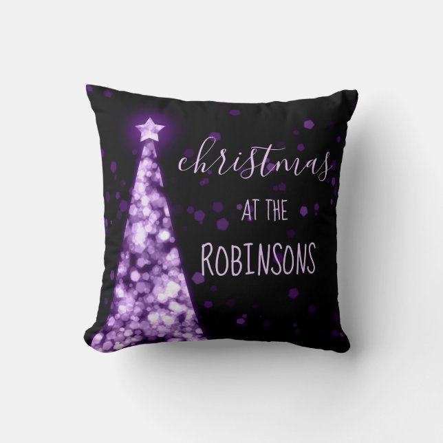 Family Name Christmas Sparkling Trees Purple Cushion (Front)