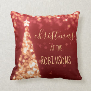Family Name Christmas Sparkling Trees Red Cushion