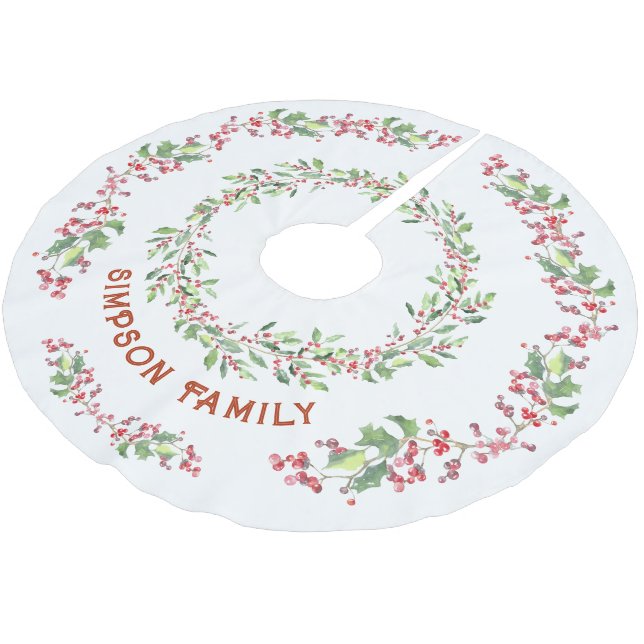 Family Name Christmas Tree Skirt Holly and Ivy (Angled)