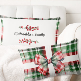 Family Name Christmas Vintage Gift Plaid Red Green Lumbar Cushion