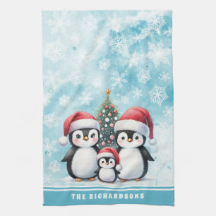 Family Name Cute Penguins Snowy Blue Christmas Tea Towel
