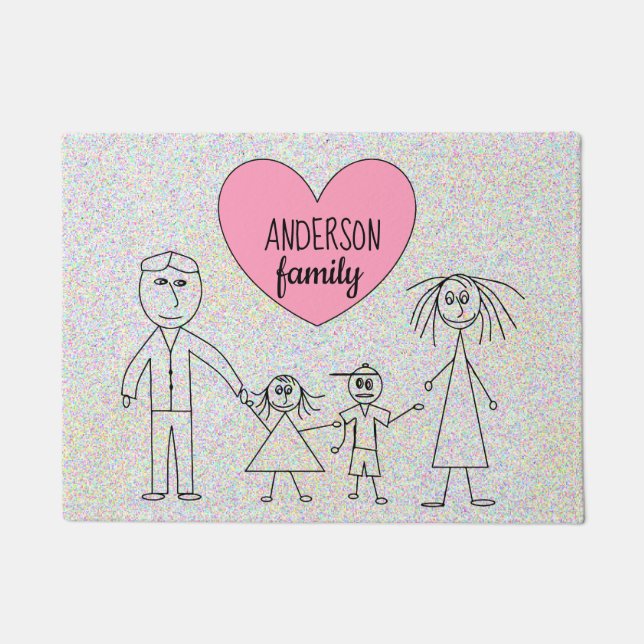 Family Name Cute Stick Figures Child Drawing Doormat (Front)