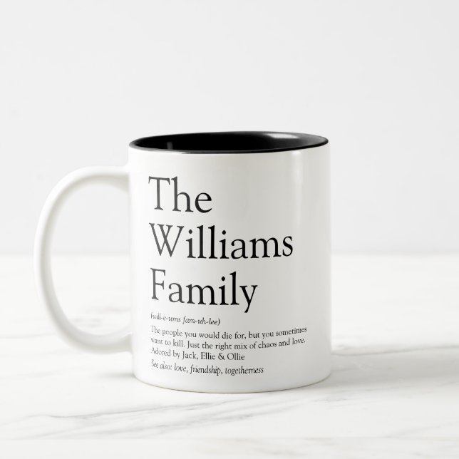 Family Name Definition Fun Black and White Two-Tone Coffee Mug (Left)
