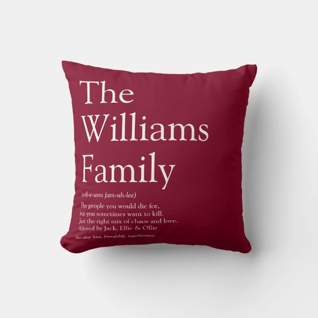 Family Name Definition Fun Modern Burgundy Cushion (Front)