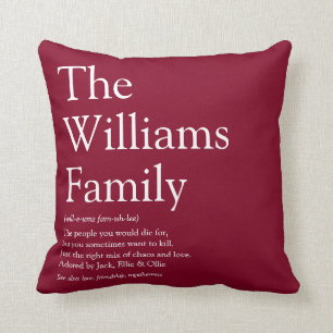 Family Name Definition Fun Modern Burgundy Cushion
