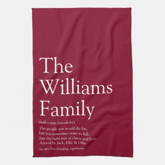 Family Name Definition Fun Modern Burgundy Tea Towel (Vertical)