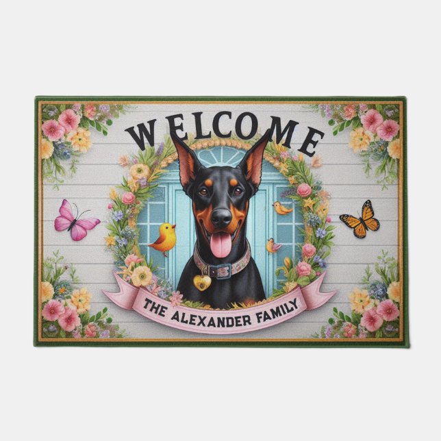 Family Name Doberman Pincher Dog Floral Welcome Doormat (Front)