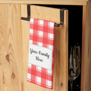 Family Name Editable Red White Retro Plaid Patten Tea Towel