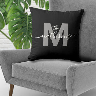 Family Name Elegant Black White Monogram Cushion